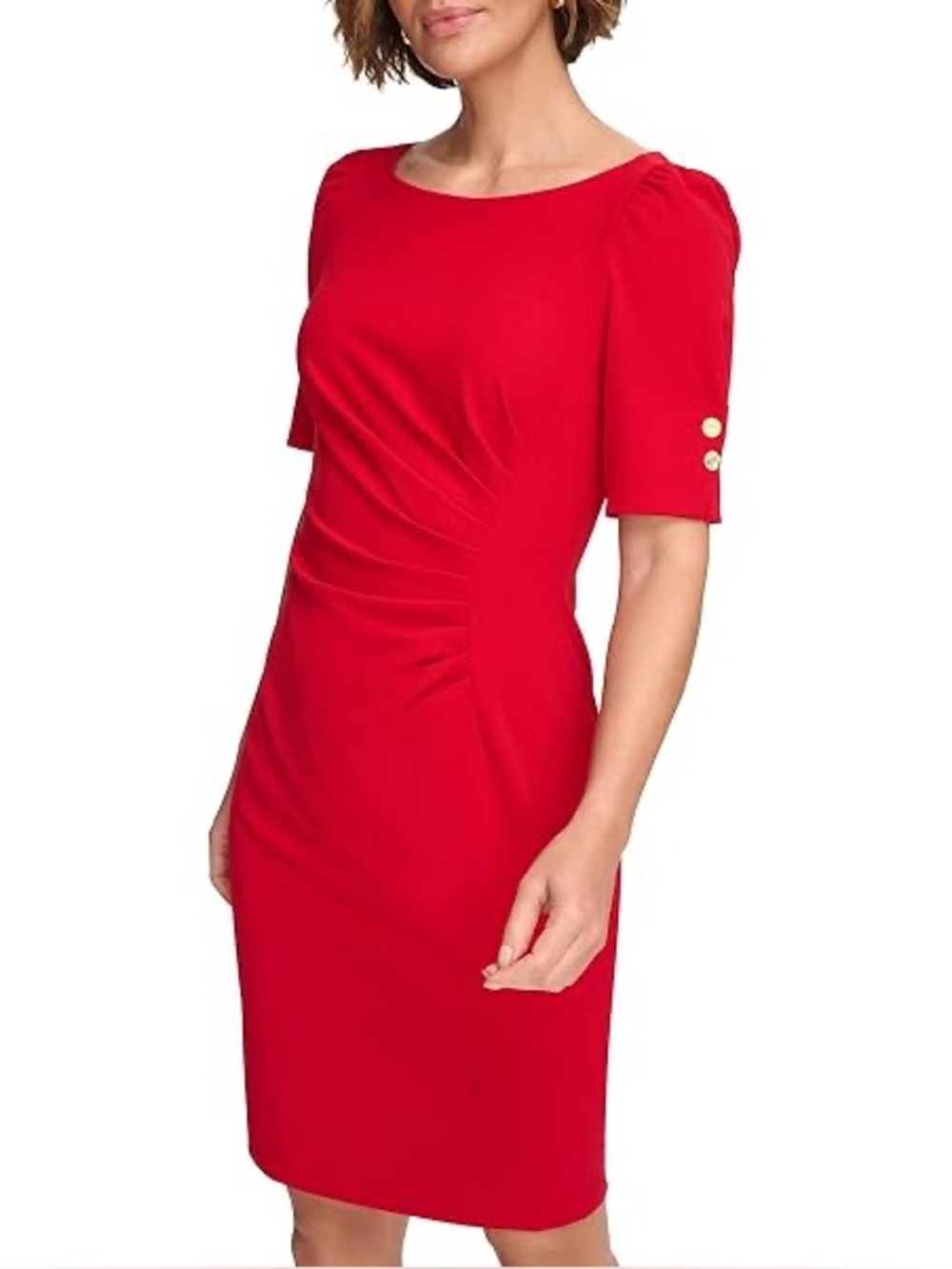 DKNY Red Puff Sleeve Sheath Dress with Gold Buttons